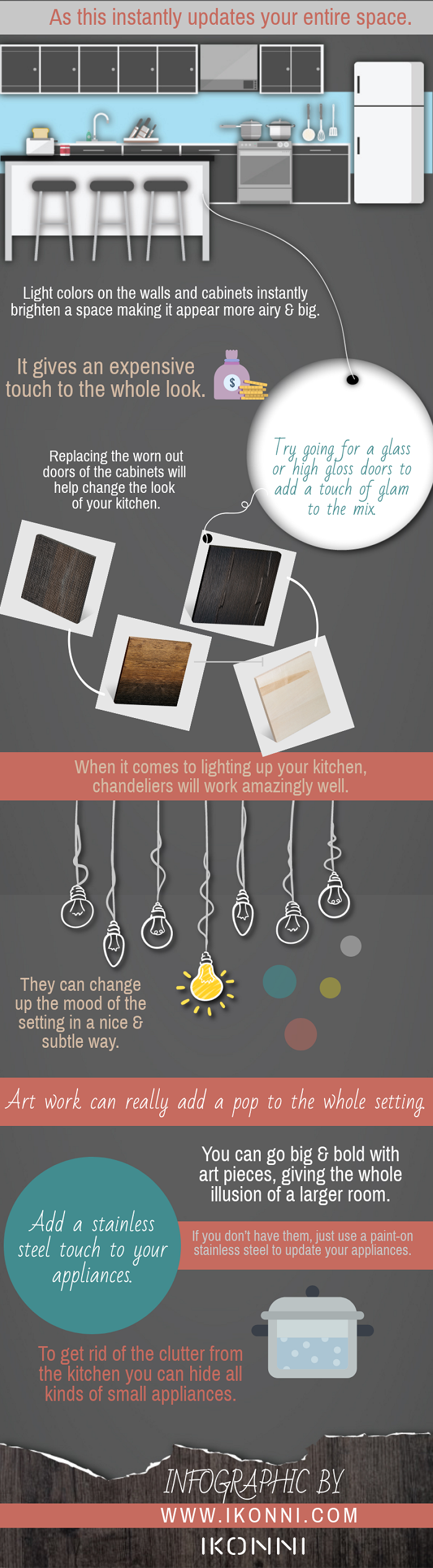 Light colors on the walls and cabinets instantly brighten a space making it appear more airy & big. 